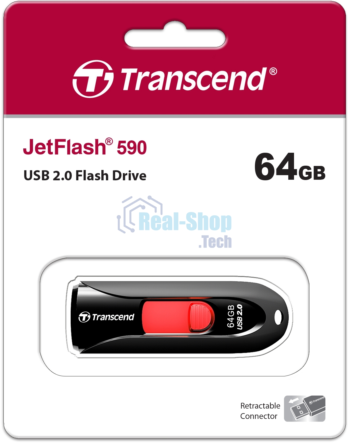 Флешка USB Transcend JetFlash 590 (TS64GJF590K), 64Gb, USB 2.0, R/W 25/15, черный/красный
