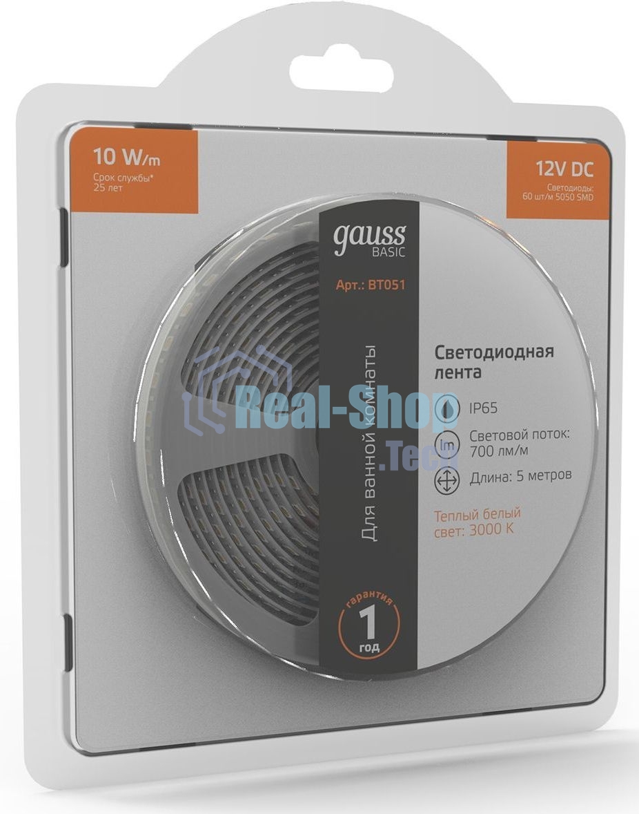 Лента светодиодная Basic Gauss 12V 10W/m 700lm/m 3000K IP65 LED 5m 1/100