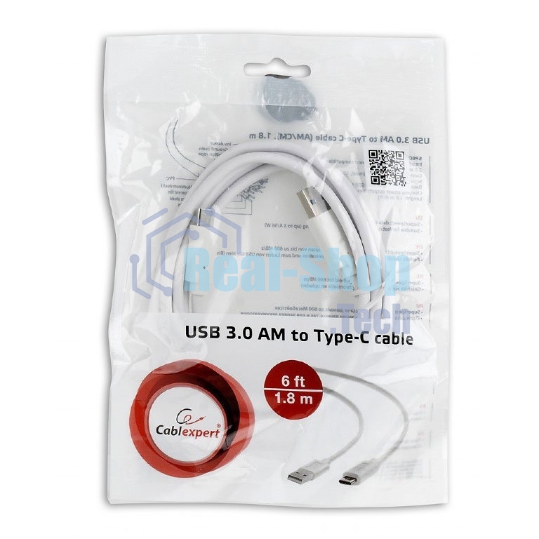Кабель USB Cablexpert CCP-USB3-AMCM-6-W, USB3.0 AM/USB Type-C, 1.8м, белый, пакет