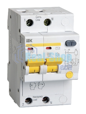 Выключатель автоматический дифференциального тока 2п C 20А 30мА тип AC 4.5кА АД-12 ИЭК MAD10-2-020-C-030