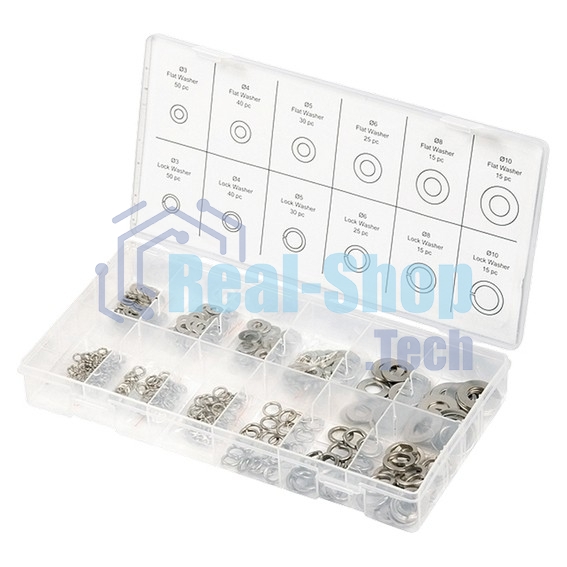 Набор шайб и гроверов Сибртех, D ш.: 3, 4, 5, 6, 8, 10 мм, D г.: 3, 4, 5, 6, 8, 10 мм, 350 предметов