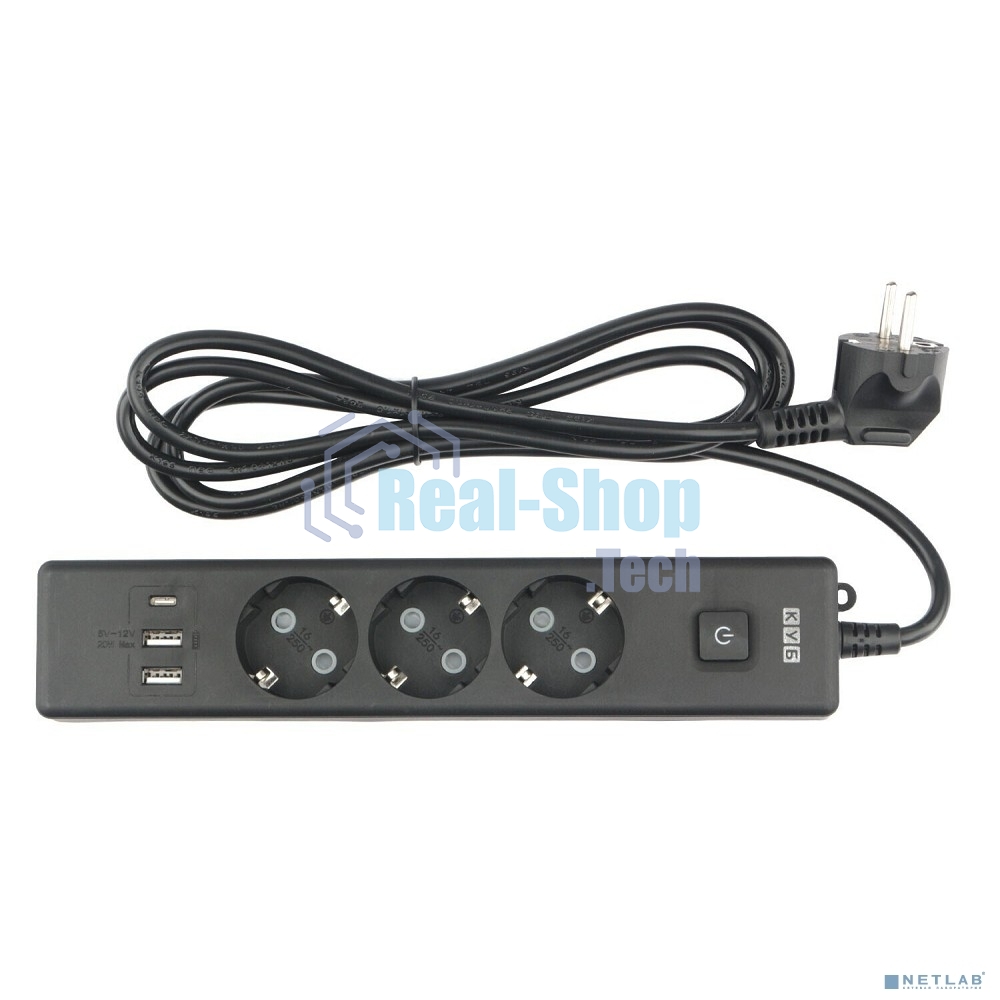 Бытовой удлинитель PowerCube, 3 р с/з вык.,3USB, 3500 Вт, 16А, 1.9 м, 3x1,0 черный PC-6B-2M