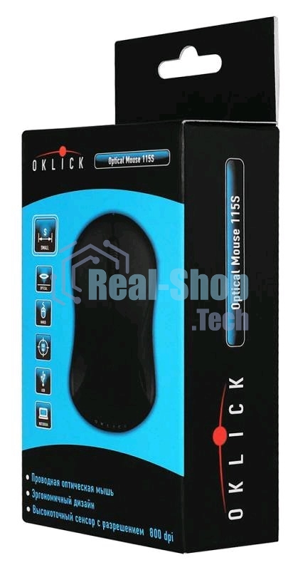 Мышь проводная Oklick 115S черный, 1200 dpi, USB, кнопки - 3