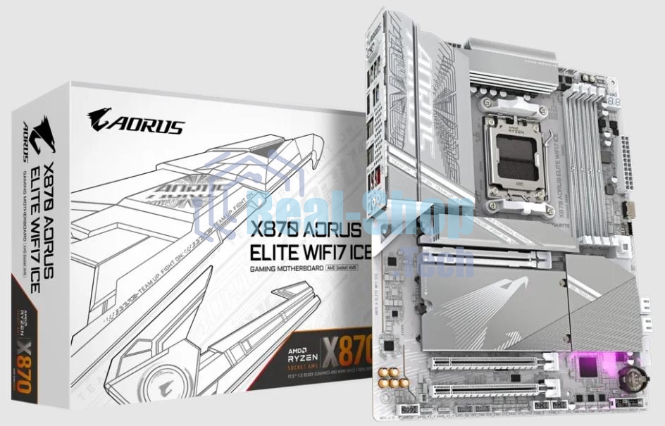 Материнская плата Gigabyte X870 AORUS ELITE WIFI7 ICE, AM5, AMD X870, 4xDDR5, 4xSATA, 4xM.2, 1xPCI-E 5.0 x16, 1xPCI-E 4.0 x4, 1xPCI-E 3.0 x2, 1xHDMI, 1x 2.5Gb LAN, 2xUSB-C 4.0, 2xUSB 3.2 Gen 2, 4xUSB 3.2 Gen 1, 4xUSB 2.0, 2x3.5 мм, 7.1, ATX