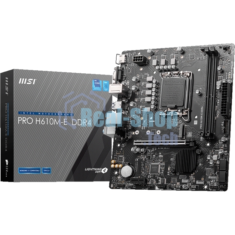 Материнская плата MSI PRO H610M-E DDR4, LGA 1700, Intel H610, 2xDDR4, 4xSATA, 1xM.2, 1xPCIe 4.0 x16, 1xPCIe 4.0 x1, 1xHDMI, 1xVGA, 1xRJ45 1Gb, 2xUSB-A 3.2 Gen 1, 4xUSB-A 2.0, 3x3.5мм, 7.1, mATX