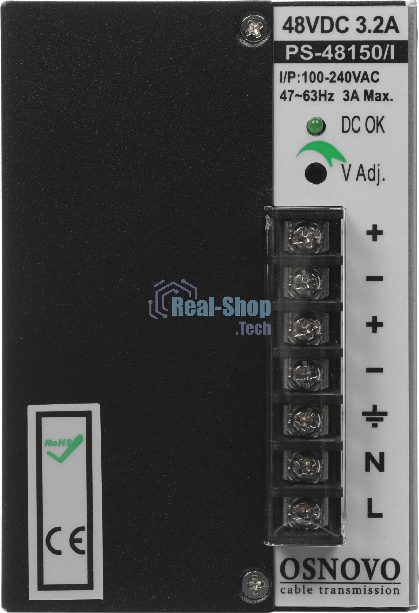 Промышленный блок питания OSNOVO DC48V, 3.2A (150W). Диапазон входных напряжений: AC195-265V