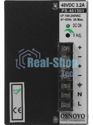 Промышленный блок питания OSNOVO DC48V, 3.2A (150W). Диапазон входных напряжений: AC195-265V