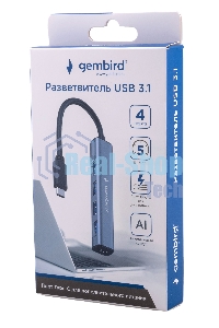 Разветвитель USB3.1 Gembird UHB-C474, 4хUSB, с доп.питанием (порт Type-C), кабель Type-C 19см, алюминий, коробка