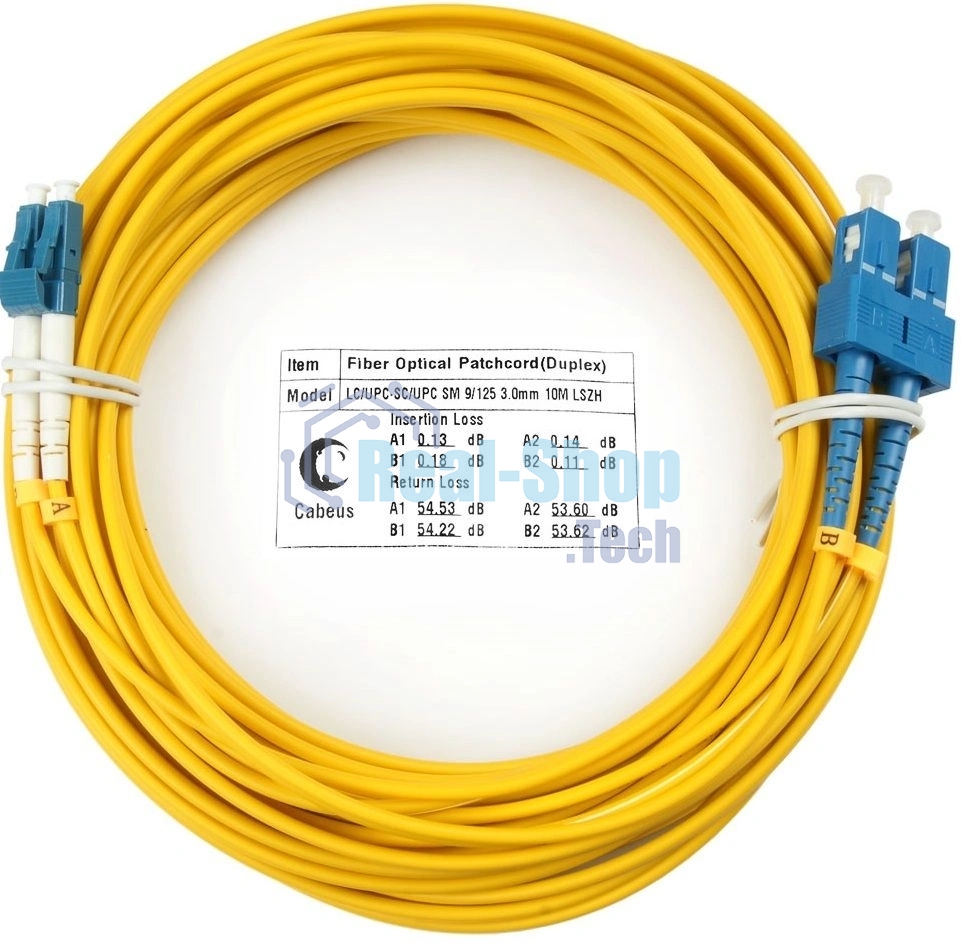 Комм. шнур оптический Cabeus Tight Buffer, Duplex LC/SC, OS2 9/125, LSZH, 20м, Ø 3мм, синий хвостовик, цвет: жёлтый