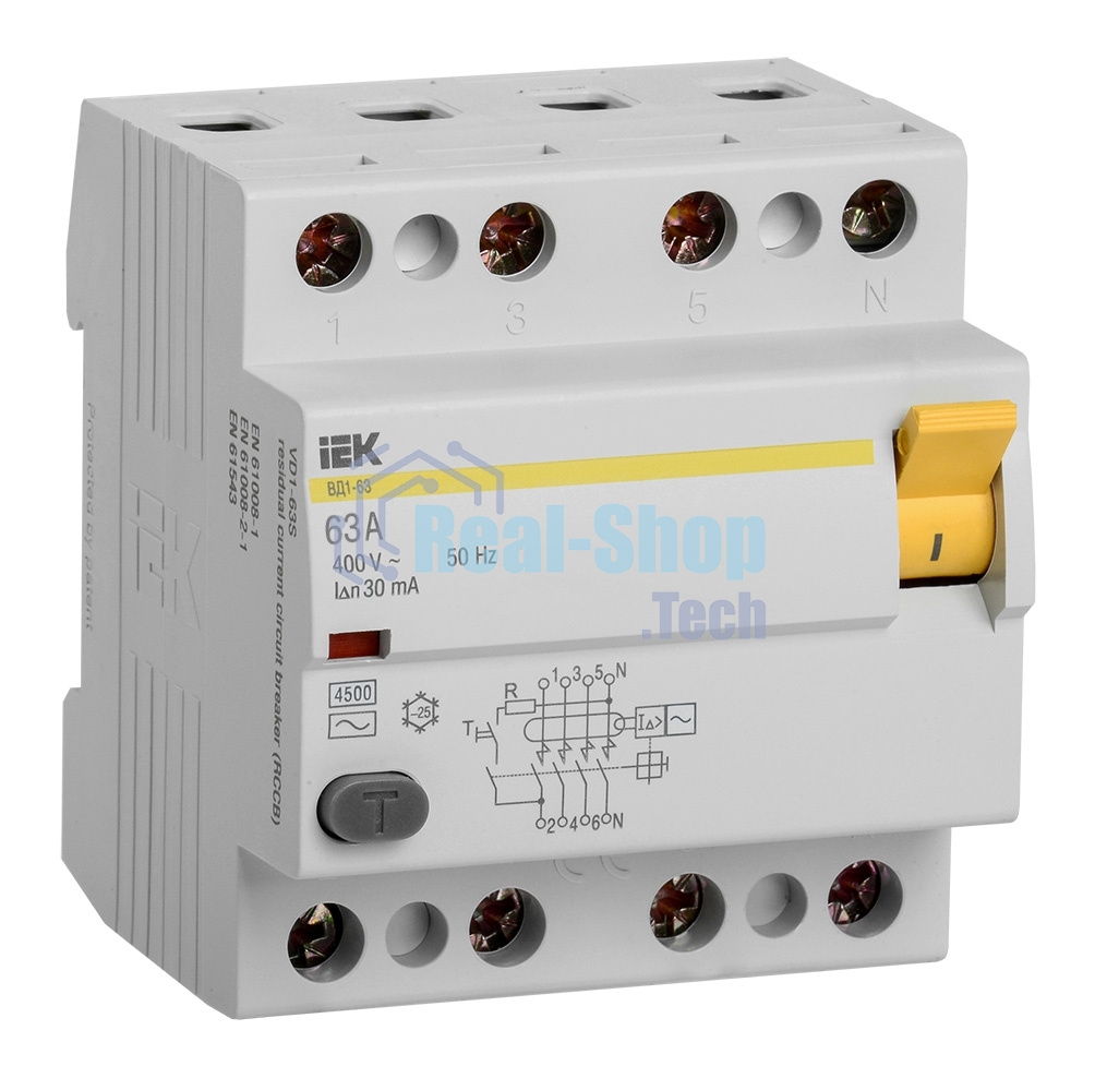 Выключатель дифференциального тока (УЗО) 4п 63А 30мА тип AC ВД1-63 ИЭК MDV10-4-063-030