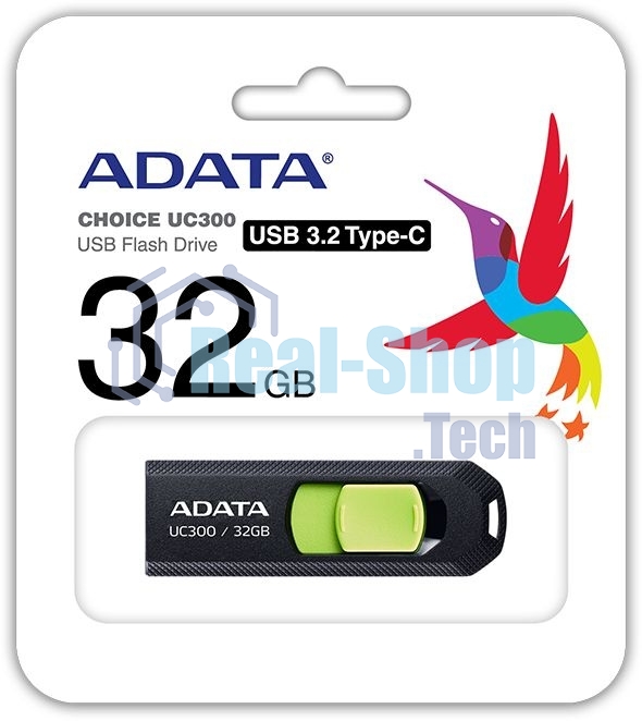 Флешка USB ADATA UC300 (ACHO-UC300-32G-RBK/GN), 32Gb, Type-C USB 3.2, R/W 100/30, черный/зеленый