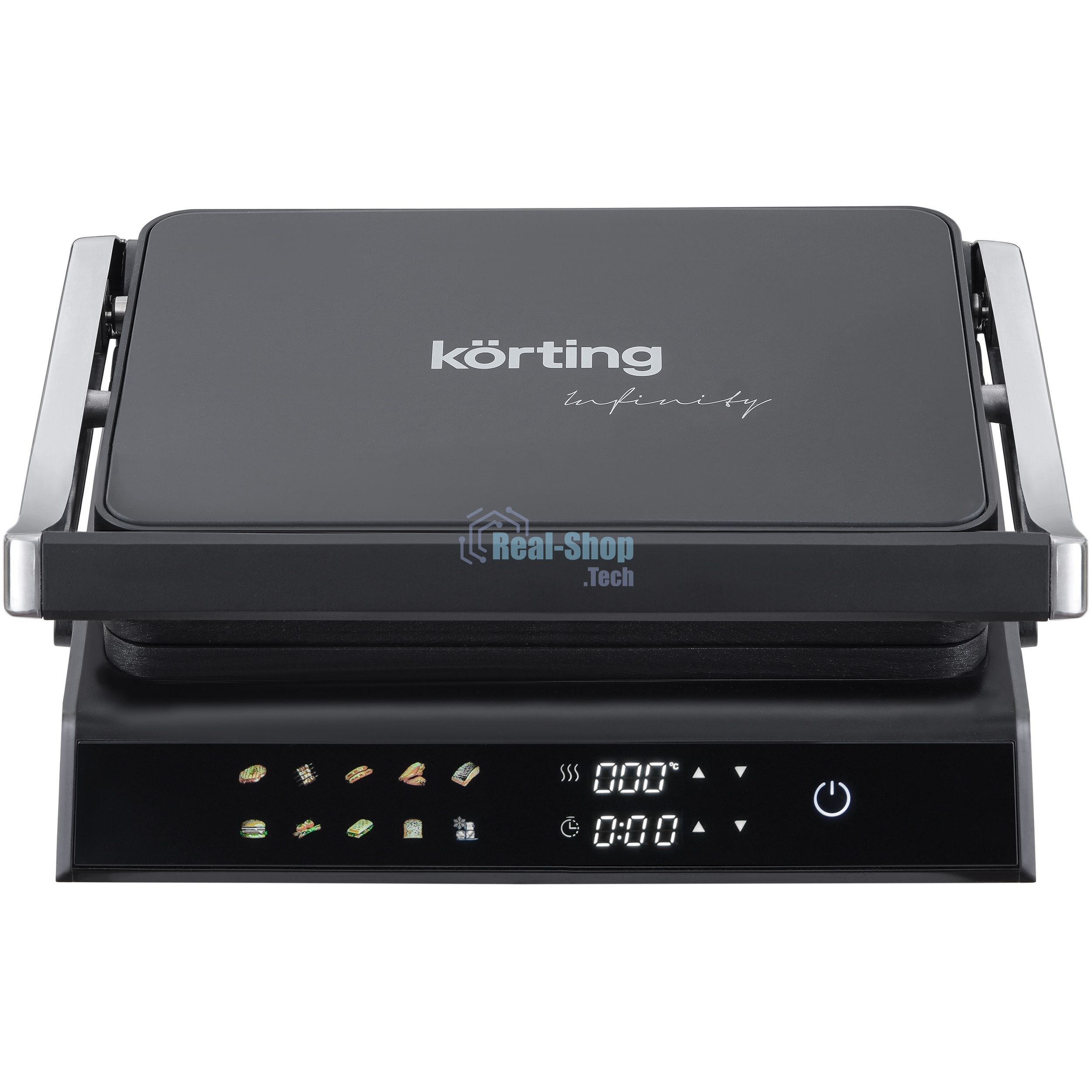 Гриль электрический Korting KGPA 0403 W Infinity, мощность 2000 Вт, сенсорное управление, цветной дисплей, 10 автоматических программ, раздельная регулировка температуры верхней и нижней панелей, температура от 90 до 230 градусов, таймер, цвет черный