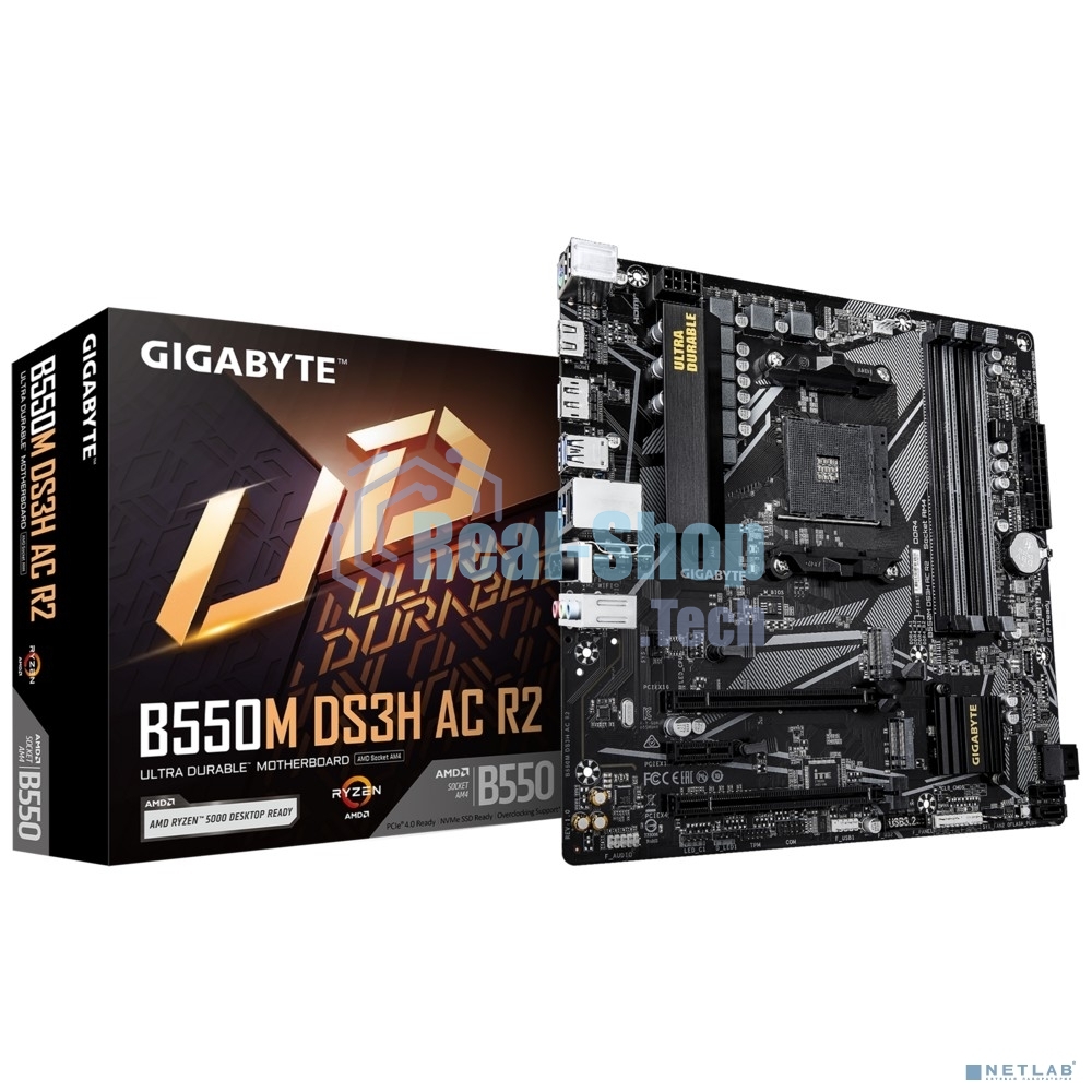 Материнская плата Gigabyte B550M DS3H AC R2, AM4, AMD B550, 4xDDR4, 4xSATA, 2xM.2, 1xPCIe 4.0 x16, 1xPCIe 3.0 x4, 1xPCIe 3.0 x1, 1xDP, 1xHDMI, 1x1Gb LAN, Wi-Fi, Bluetooth 5.0, 4xUSB-A 5Gbps, 2xUSB-A 2.0, 3x3.5 мм, 7.1, mATX