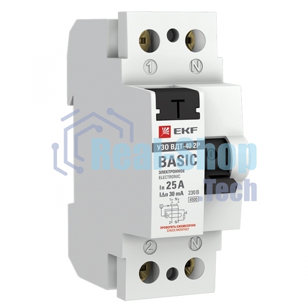 Выключатель дифференциального тока (УЗО) 2п 25А 30мА тип AC Basic (электрон.) EKF elcb-2-25-30e-sim