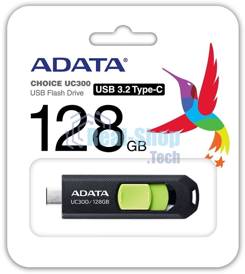 Флешка USB ADATA UC300 (ACHO-UC300-128G-RBK/GN), 128Gb, Type-C USB 3.2, R/W 100/30, черный/зеленый