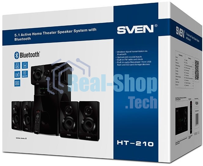Аудиоколонки SVEN HT-210, черный, акустическая система 5.1, мощность (RMS):50Вт+5x15Вт, Bluetooth, Optical, Coaxial, FM-тюнер, USB/SD, дисплей, ПДУ