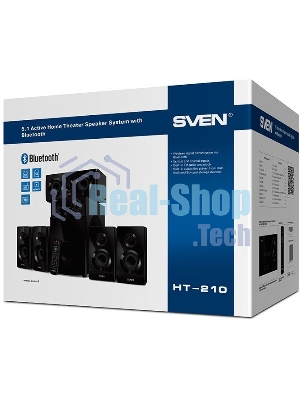 Аудиоколонки SVEN HT-210, черный, акустическая система 5.1, мощность (RMS):50Вт+5x15Вт, Bluetooth, Optical, Coaxial, FM-тюнер, USB/SD, дисплей, ПДУ