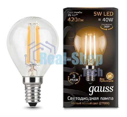 Лампа светодиодная GAUSS 105801105 LED Filament globe Е14 5Вт 2700k 1/10/50