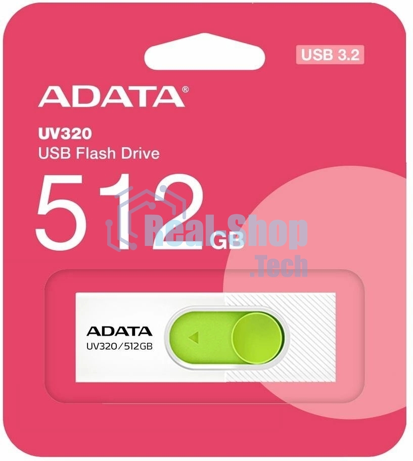 Флешка USB ADATA UV320 (AUV320-512G-RWHGN), 512Gb, USB 3.2 Gen1, R/W 100/30, белый/зеленый