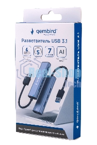 Разветвитель USB3.1 Gembird UHB-U3P7-01, 7хUSB, с доп.питанием (порт Type-C), кабель USB 19см, алюминий, коробка