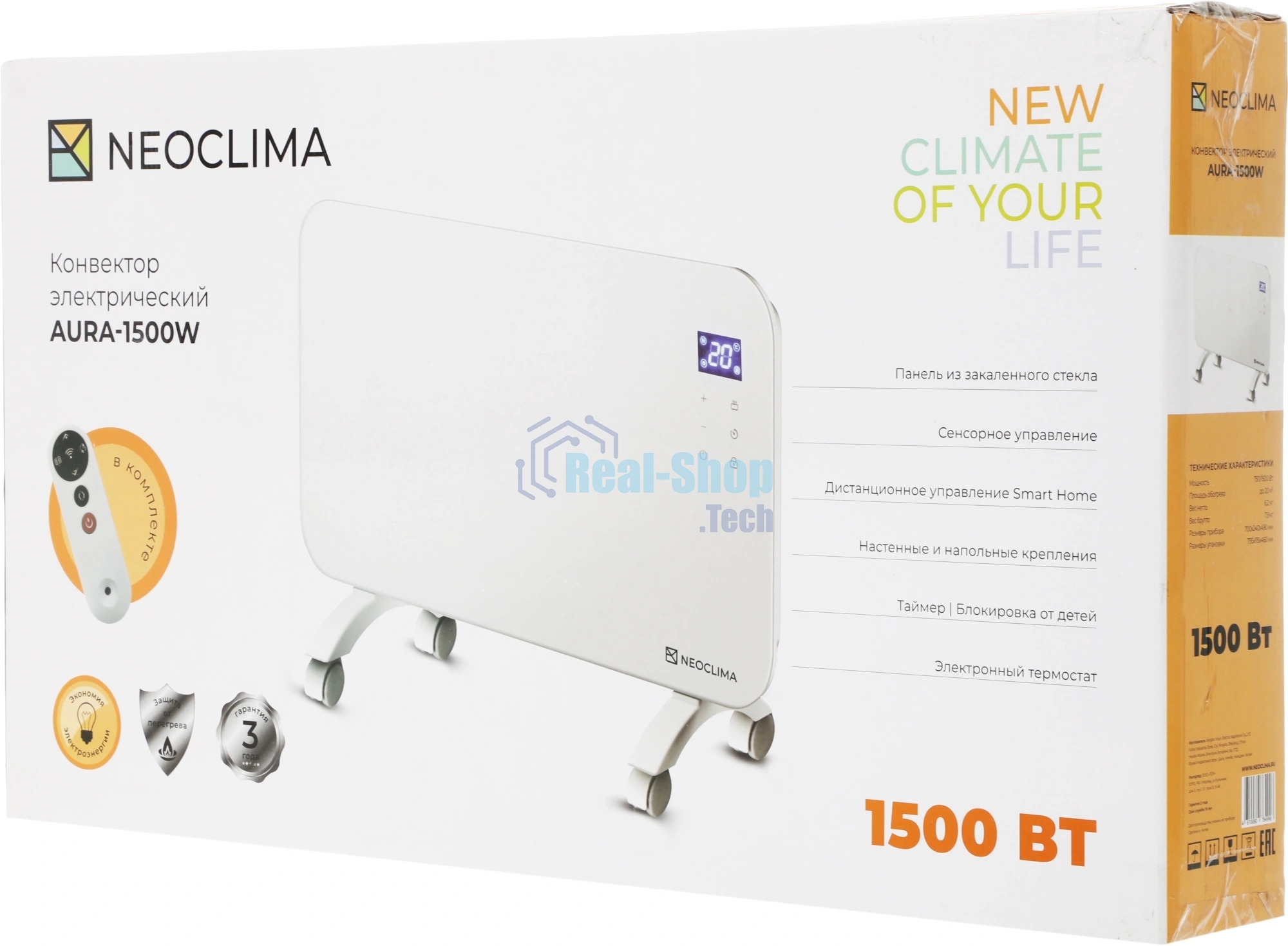 Конвектор электрический Neoclima AURA-1500W белый, 1500 Вт, 20 м2, электронный термостат, Wi-Fi