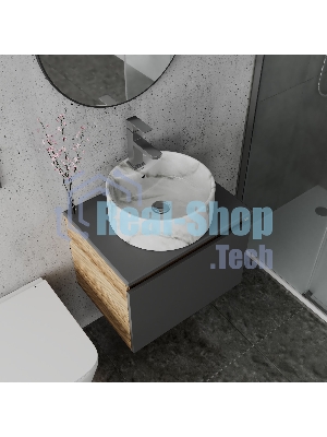 Комплект: тумба Bau Dream Blackwood графит 60, 1 ящик, раковина круглая накладная BAU Element D41, мрамор, смеситель Hotel Stil, нерж сталь, выпуск клик клак хром