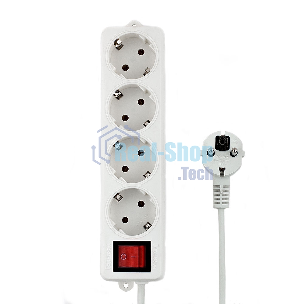 Сетевой фильтр Гарнизон ELB-G4-W-3, 4 евророзетки с выключателем и заземлением, допустимый ток 16А, длина 3 м.