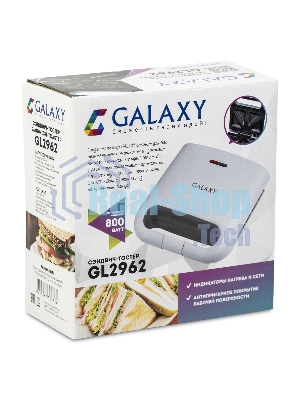 Сэндвич-тостер Galaxy Line GL 2962, белый, с несъемными пластинами, 800 Вт, индикаторы нагрева и сети, антипригарное покрытие рабочей поверхности, теплоизолированный корпус, прорезиненные ножки, препятствующие скольжению