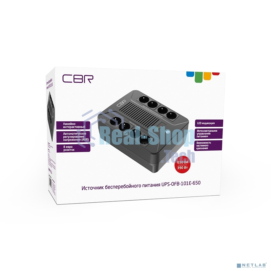 Источник бесперебойного питания CBR [UPS-OFB-101E-650] 650VA/390W, Schuko CEE 7 Outlets: (x4 Battery & Surge Protected; x4 Surge Protected), LED, AVR, SEC, 12V/7Ah