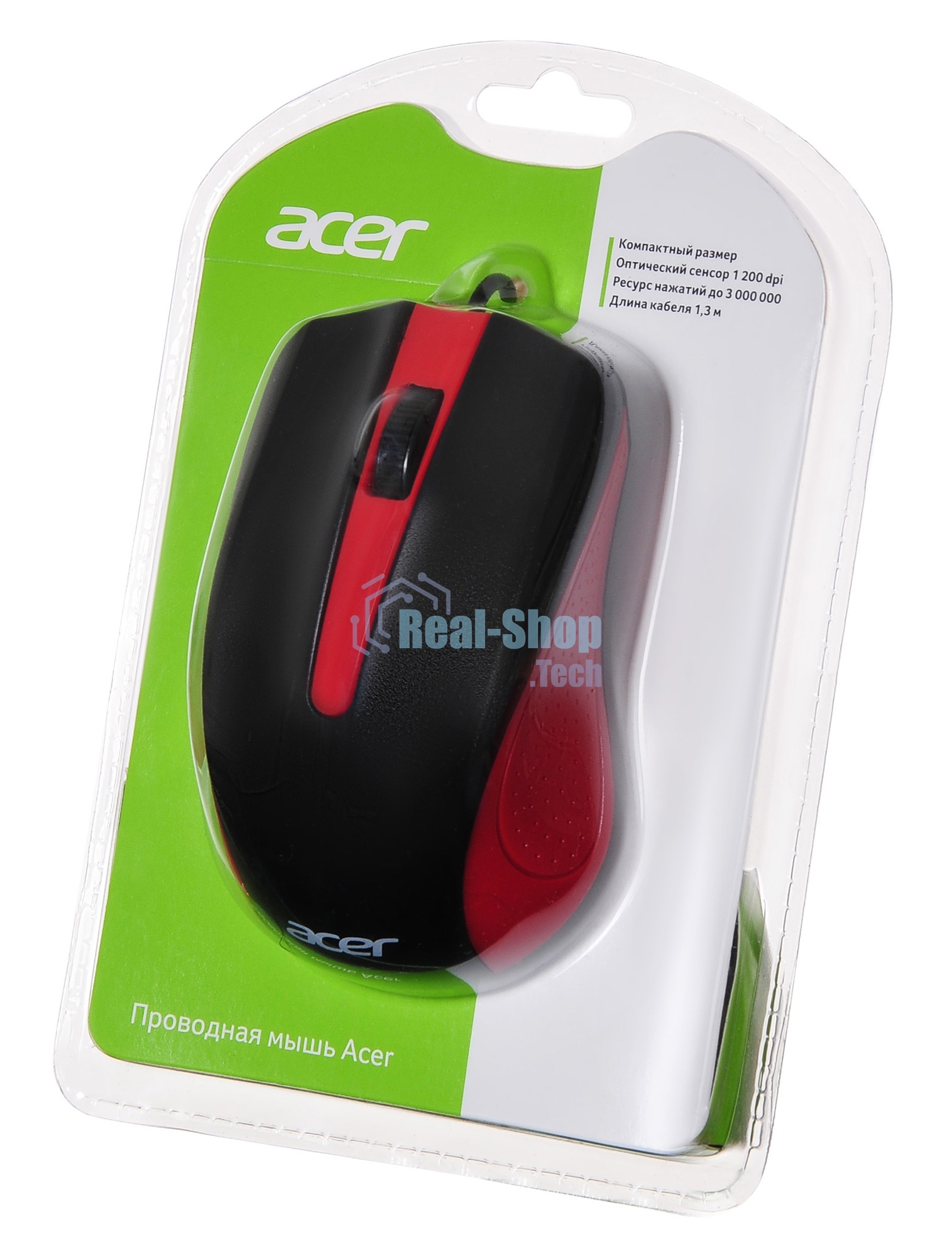 Мышь проводная Acer OMW012 черный/красный, 1200 dpi, USB, кнопки - 3