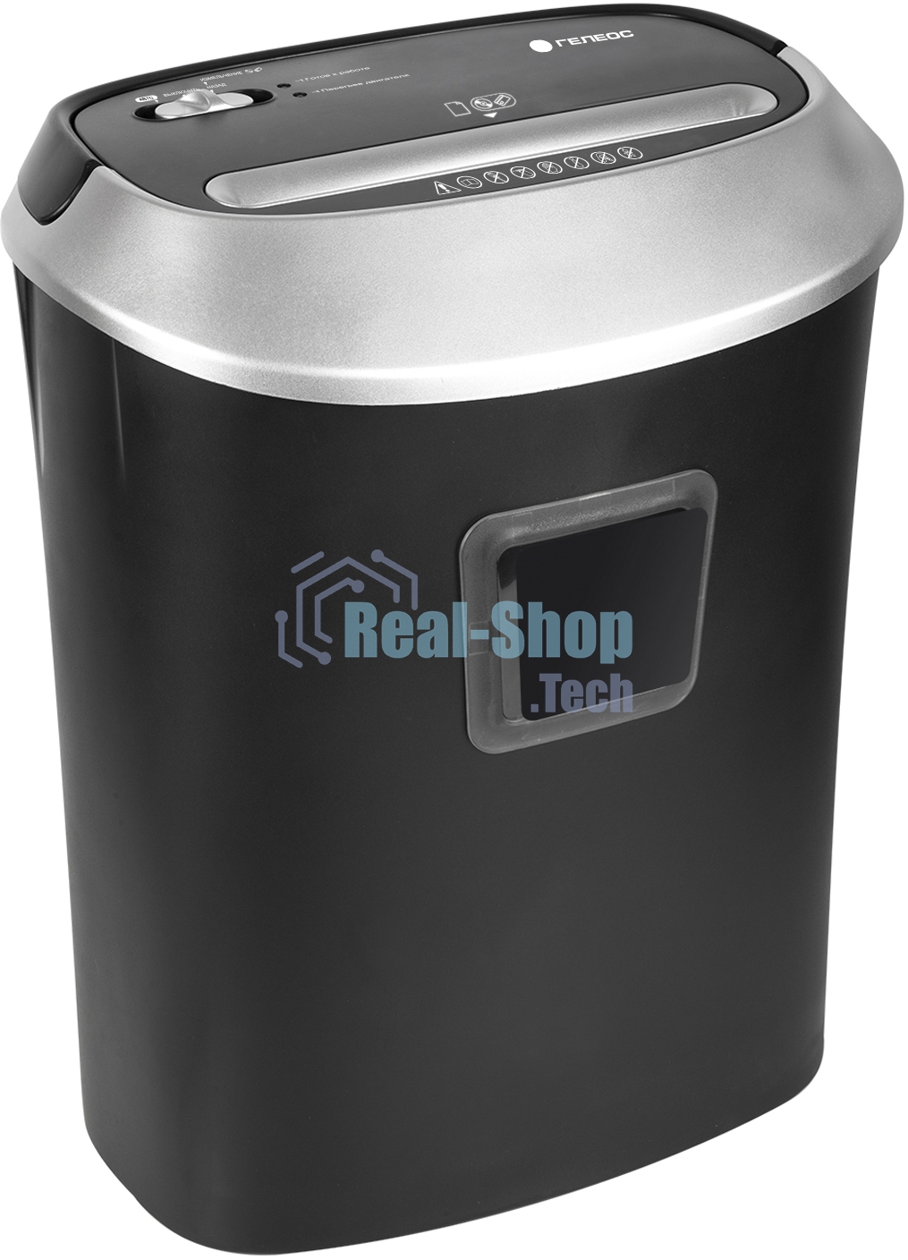 Шредер ГЕЛЕОС УМ30-4, DIN P-4 (4 ур-нь секр.), фрагмент 3,8х35мм, 15-17 (70г/м2), CD/пл.карты/скрепки/скобы, 30 литров