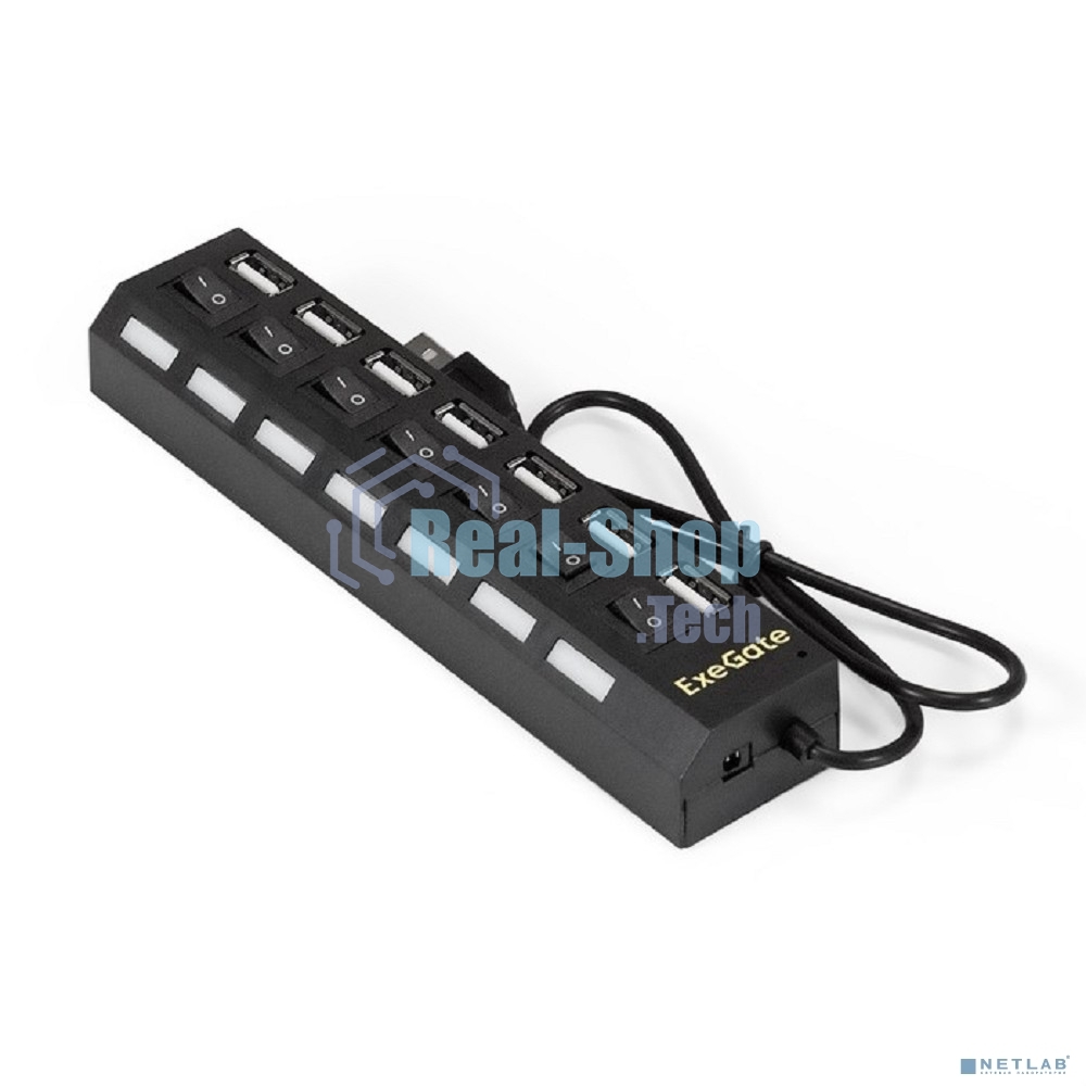 USB-концентратор ExeGate EX293978RUS DUB-72SW (кабель-адаптер USB2.0 --> 7xUSB2.0, кнопки включения/отключения для каждого порта, Plug&Play, черный)