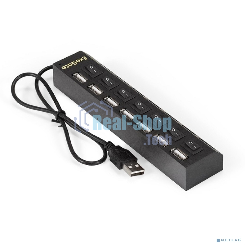 USB-концентратор ExeGate EX293978RUS DUB-72SW (кабель-адаптер USB2.0 --> 7xUSB2.0, кнопки включения/отключения для каждого порта, Plug&Play, черный)