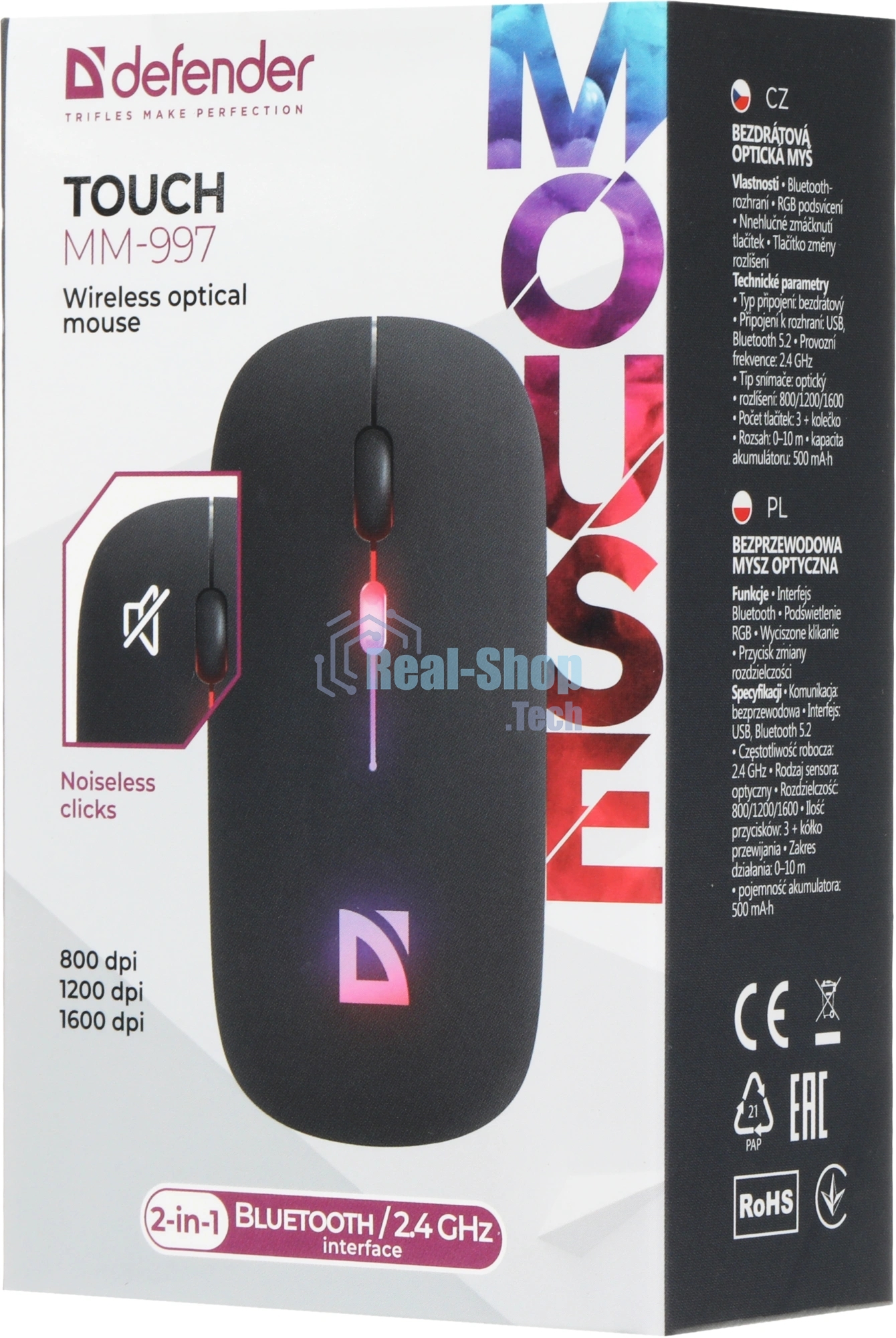 Мышь беспроводная Defender Touch MM-997 черный, 1600 dpi, радиоканал, Bluetooth, USB, кнопки - 4