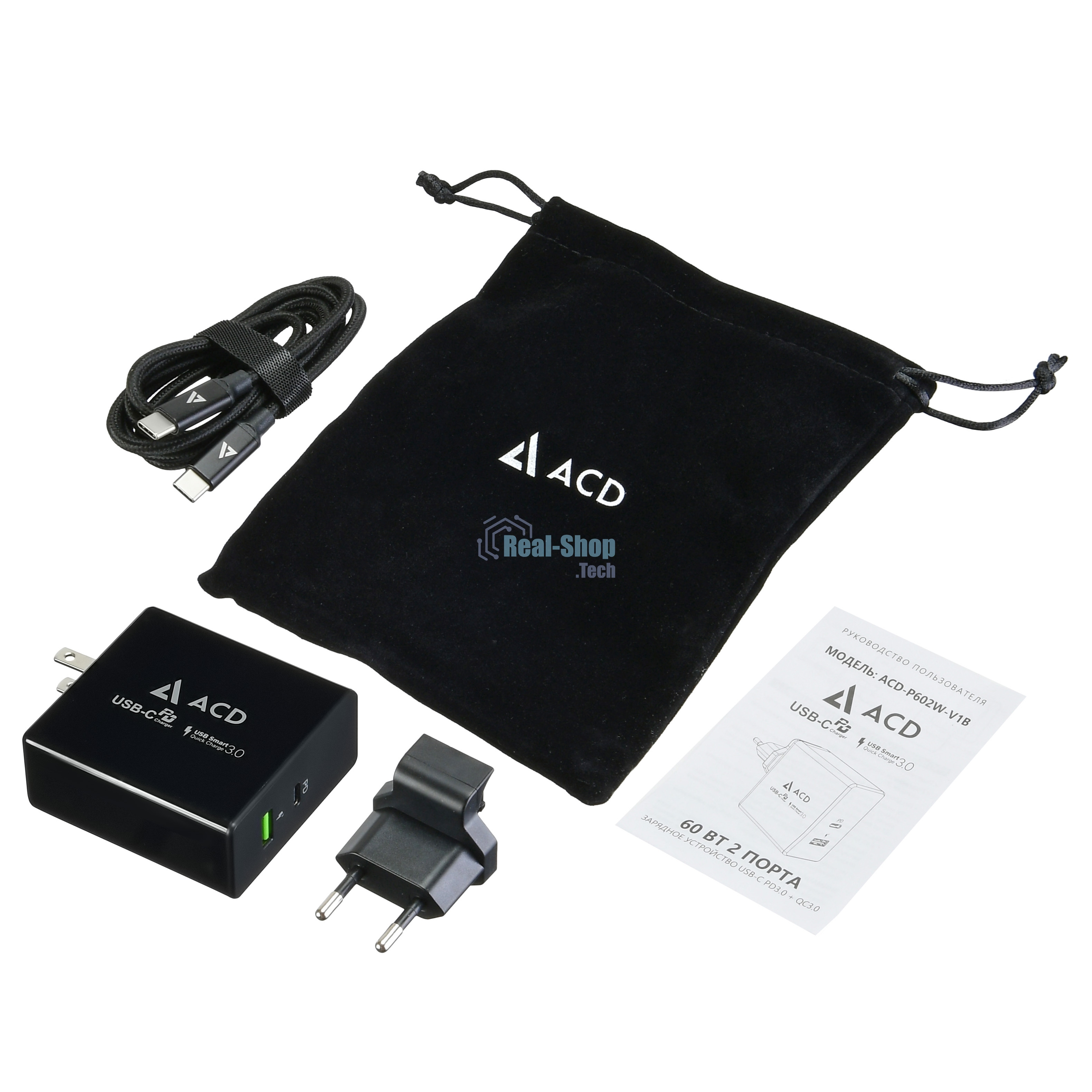 Сетевое зарядное устройство ACD-P602W-V1B 60Вт, 2xUSB 1PD+1QC, 3.6~20В/3А RTL