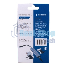 Разветвитель USB3.1 Gembird UHB-U3P7-02, 7хUSB, с доп.питанием (порт Type-C), OTG, кабель Type-C 19см, алюминий, коробка