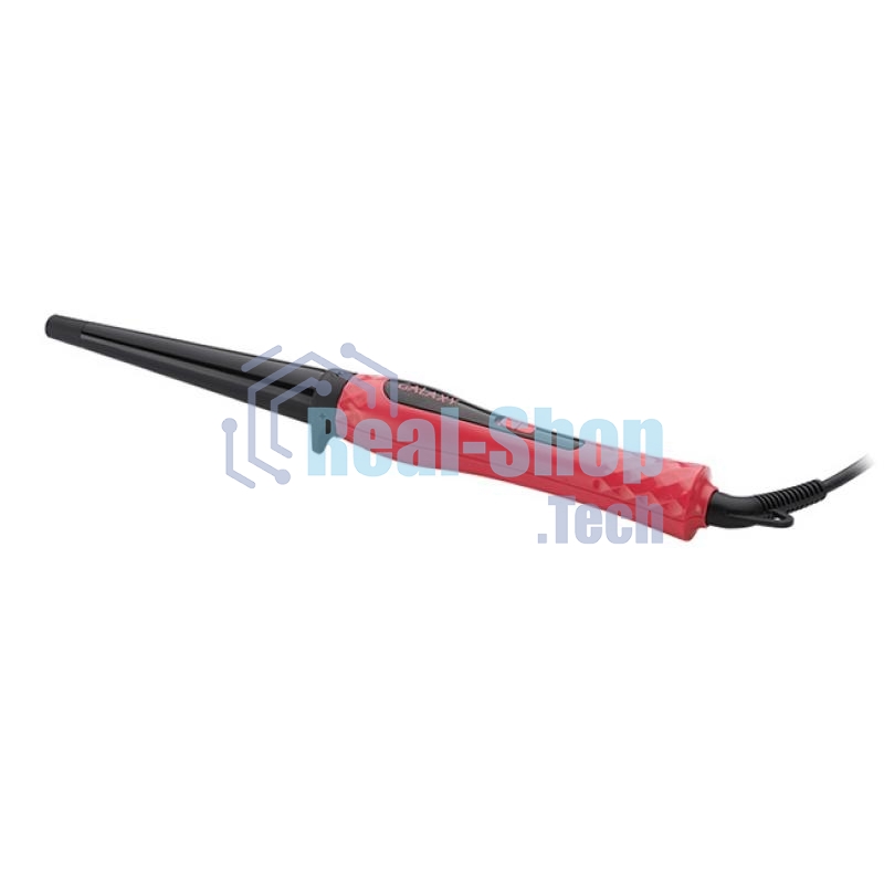 Плойка Galaxy Line GL 4623, красный, конусная, 50 Вт, макс температура 200ºС, диаметр нагревательного элемента 13 мм-25 мм, керамическое покрытие рабочей поверхности, петля для подвешивания, индикатор работы, вращающийся на 360° шнур питания