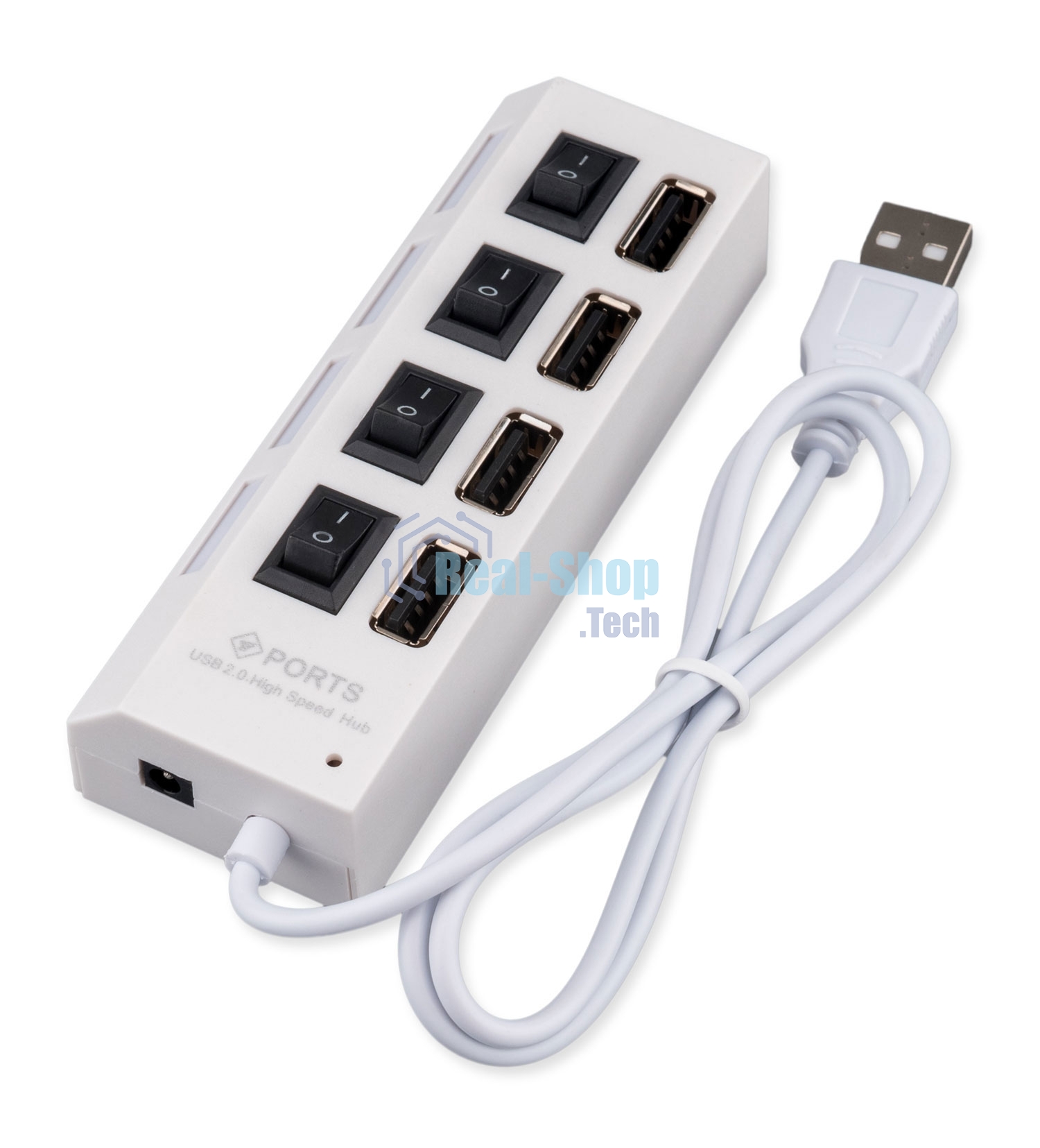 Разветвитель USB2.0 Gembird UHB-243-ADW, 4хUSB, с доп. питанием, подсветка и выключатели, кабель USB 55 см, белый, коробка