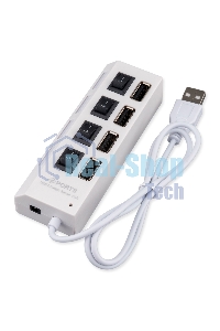 Разветвитель USB2.0 Gembird UHB-243-ADW, 4хUSB, с доп. питанием, подсветка и выключатели, кабель USB 55 см, белый, коробка