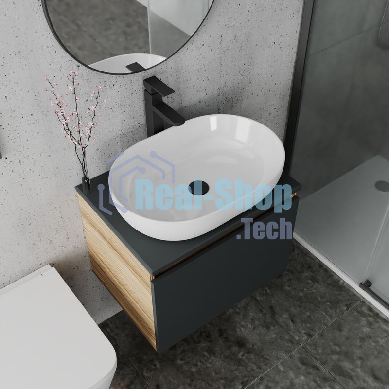 Комплект для ванной, 4 предмета (Тумба подвесная Bau Blackwood 60 графит + Раковина BAU 59х40 + Смеситель высокий Hotel Black, черный, выпуск черный)