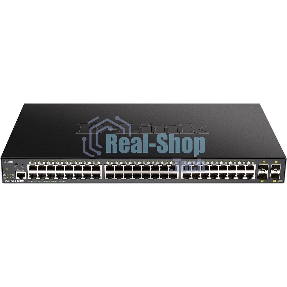 Коммутатор D-Link DGS-1250-52XMP/A1A, L2 Smart Switch with 48 10/100/1000Base-T ports and 4 10Gbase-X SFP+ ports (48 PoE ports 802.3af/802.3at (30 W), PoE Budget 370W).16K Mac address, 802.3x Flow Control, 4K