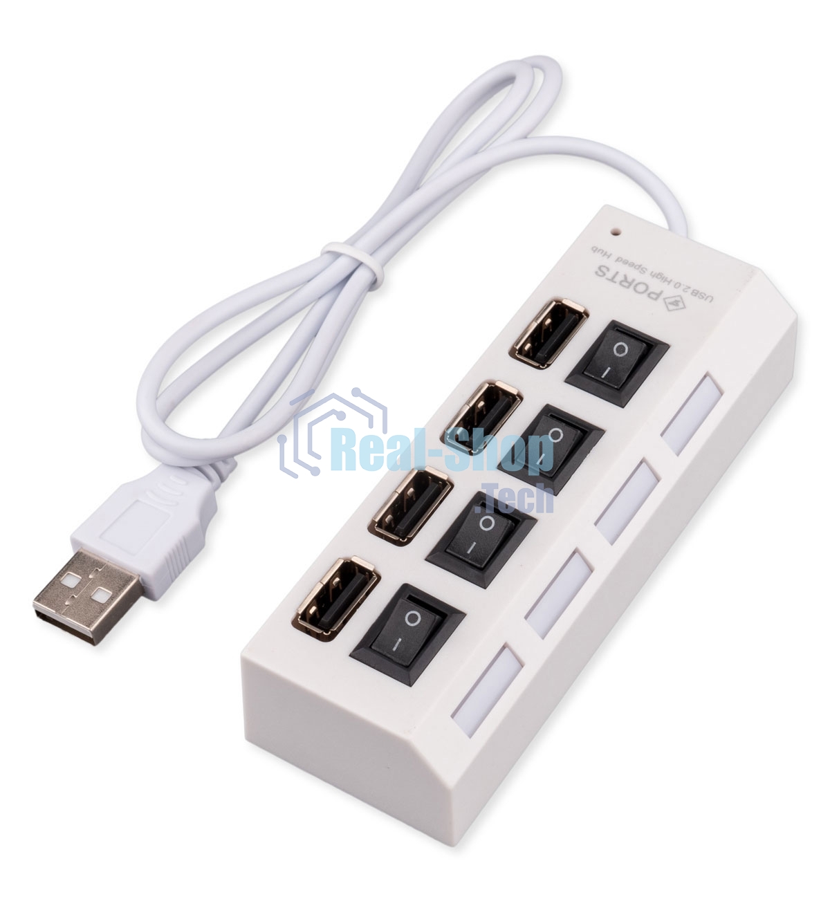 Разветвитель USB2.0 Gembird UHB-243-ADW, 4хUSB, с доп. питанием, подсветка и выключатели, кабель USB 55 см, белый, коробка