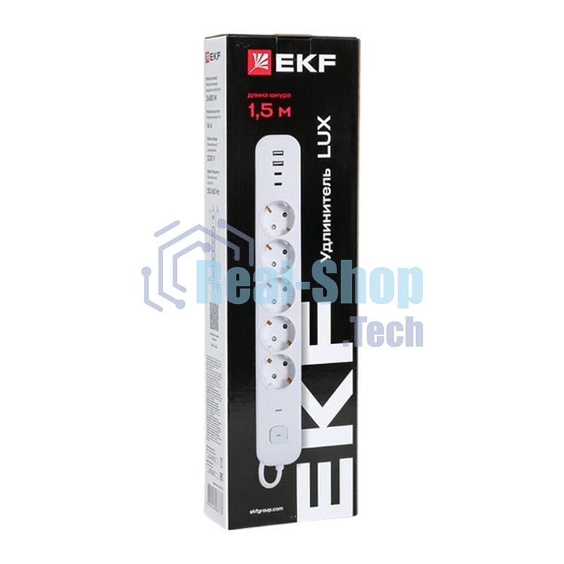 Удлинитель EKF UBA-LUX-515-TC 5х1.5 м IP20 2USB 2.4А+2type-C LUX 1.5 кв.мм