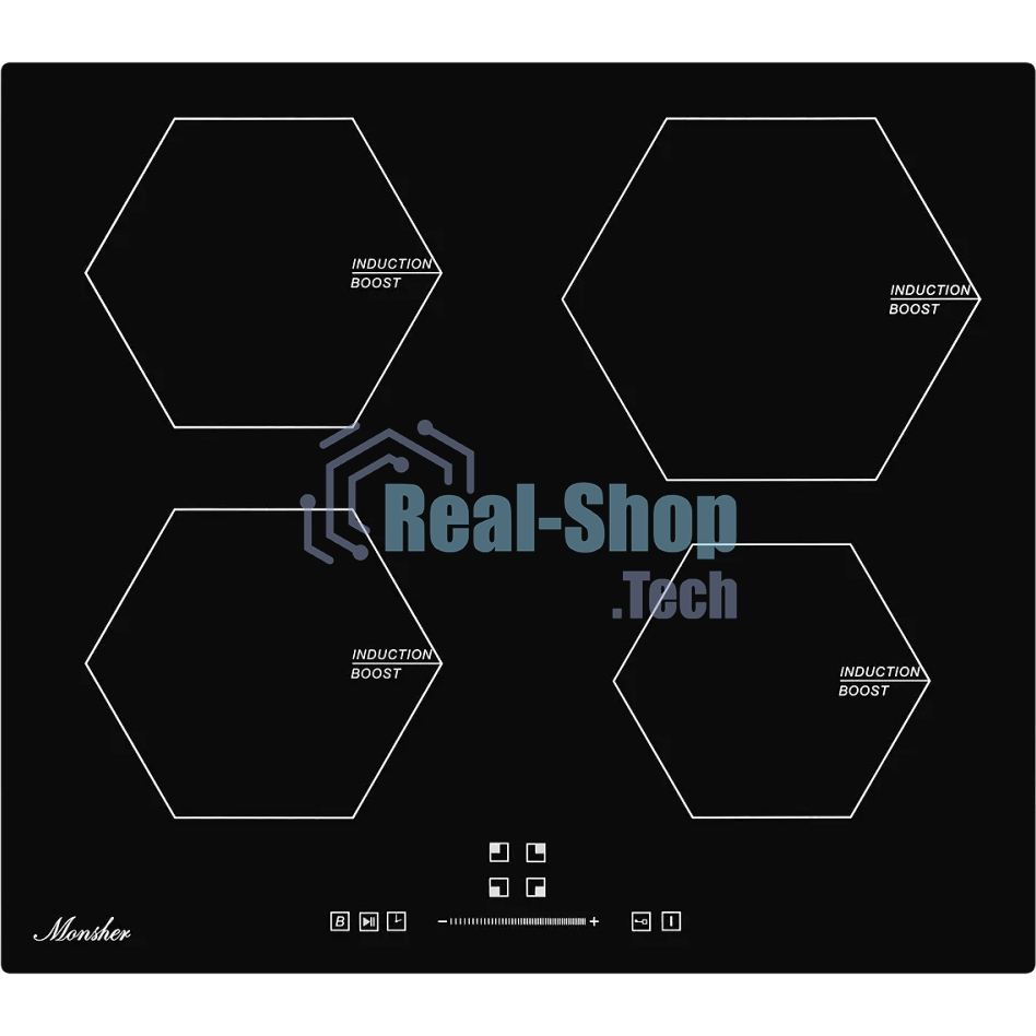 Индукционная варочная панель Monsher MHI 6006, 60 см 9 уровней мощности, инвертер, бустер, блокировка управления, Stop and Go, таймер, автоматическое отключение, сенсорное управление, индикатор остаточного тепла, 5 цифровых дисплеев, черный
