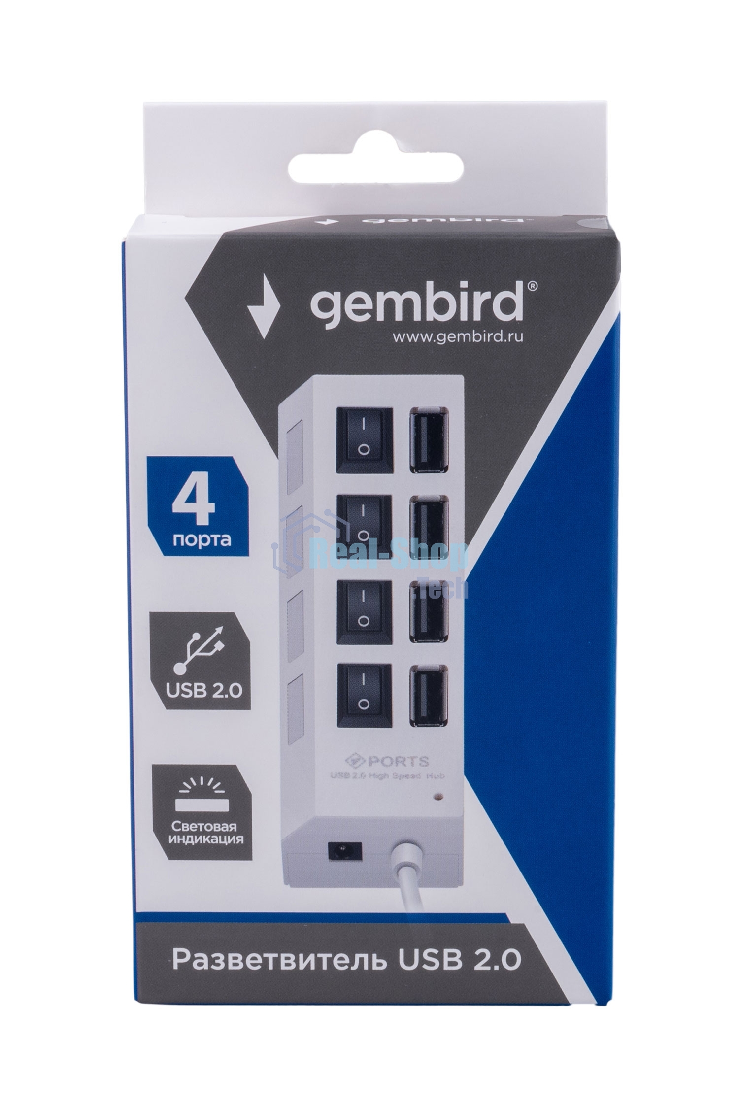 Разветвитель USB2.0 Gembird UHB-243-ADW, 4хUSB, с доп. питанием, подсветка и выключатели, кабель USB 55 см, белый, коробка