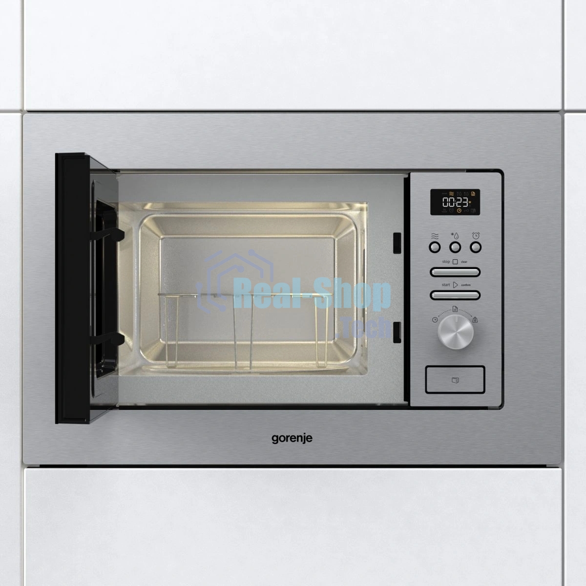 Встраиваемая микроволновая печь Gorenje BM201AG1X серебристый/черный, 20 л, 800 Вт, переключатели - кнопки, поворотный механизм