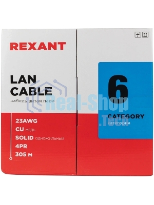 Кабель витая пара Rexant U/UTP, категория 6, ZH нг(А)-HF, 4PR, 23AWG, внутренний, серый, 305 м
