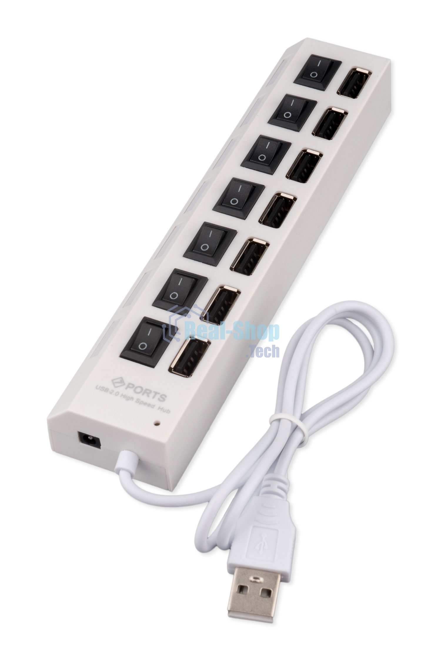 Разветвитель USB2.0 Gembird UHB-U2P7-01W, 7хUSB, с доп. питанием, подсветка и выключатели, кабель USB 55 см, белый, коробка