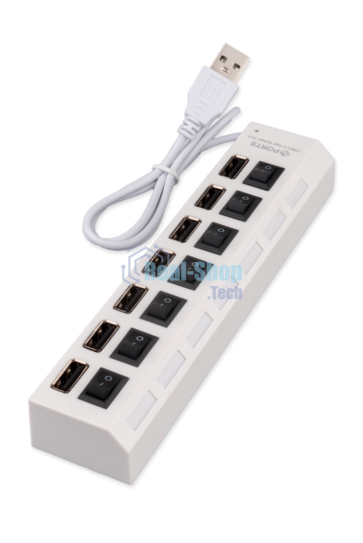 Разветвитель USB2.0 Gembird UHB-U2P7-01W, 7хUSB, с доп. питанием, подсветка и выключатели, кабель USB 55 см, белый, коробка