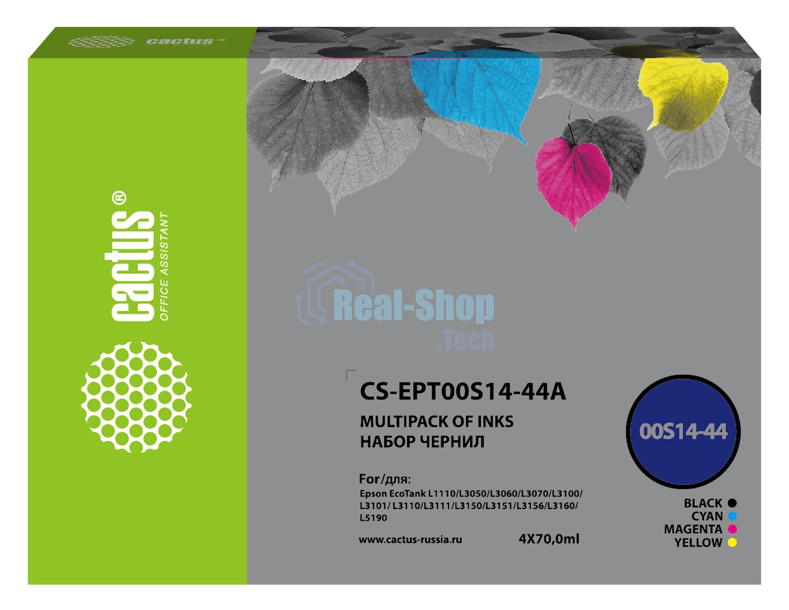 Чернила Cactus CS-EPT00S14-44A голубой/пурпурный/желтый/черный набор 4x70мл для Epson L1110 Ecotank/L3100/L3101/L3110/L3150/L3151